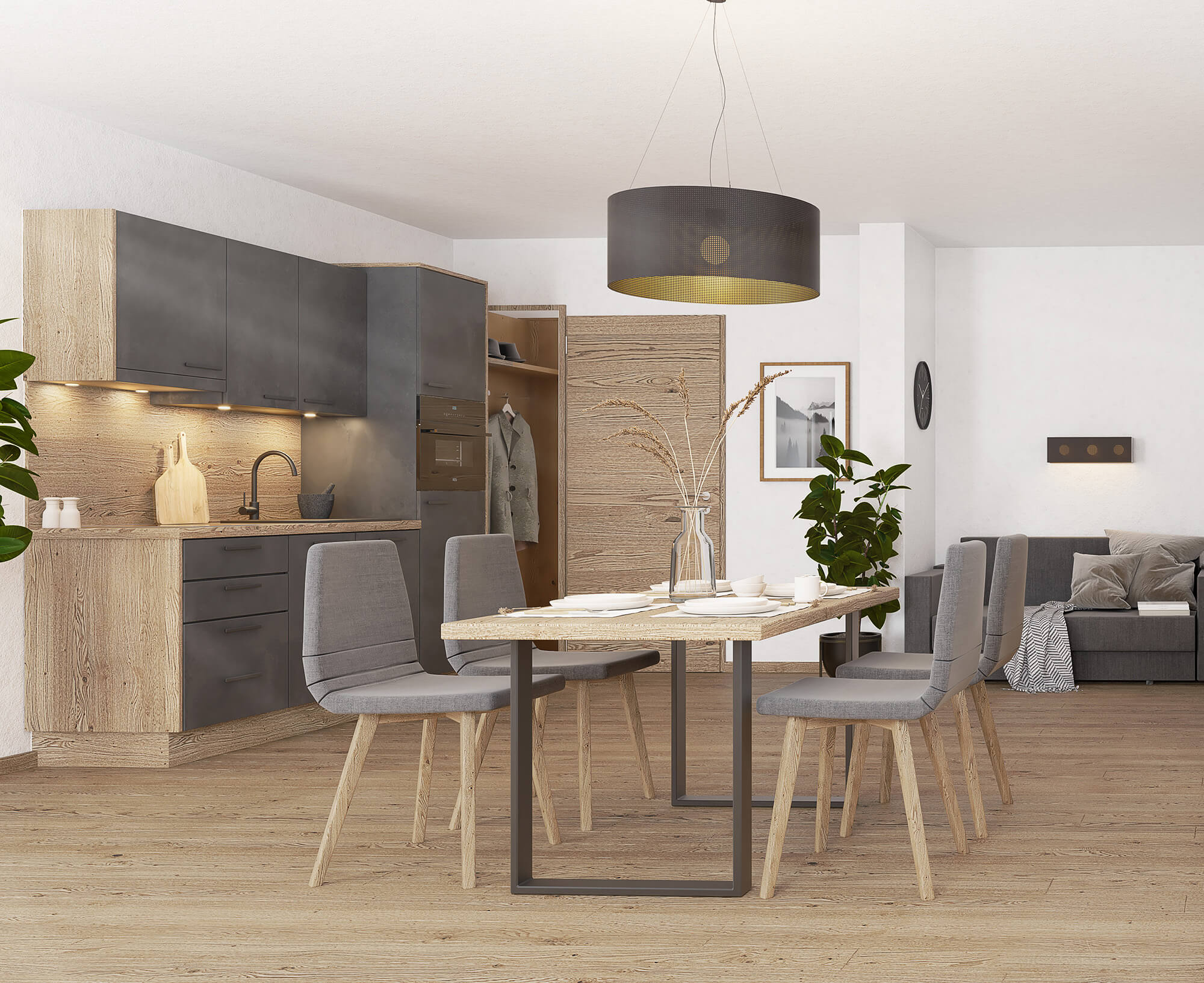 Im Wohnbereich der Lieblingsplatz'l Apartments befindet sich Küche und Essbereich.